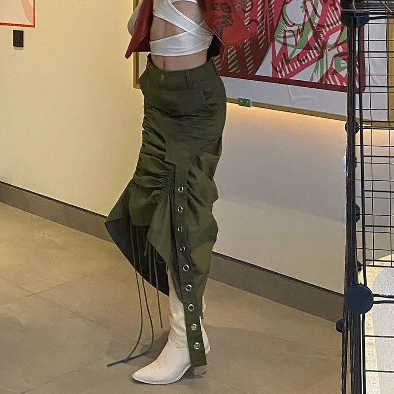 Nukty y2k Ruched Skirt Women Solid Color Low Waist Tie Up Bandage Long Irregular Skirt 2000s Aesthetic Skirt Korean Fashion Streetwear