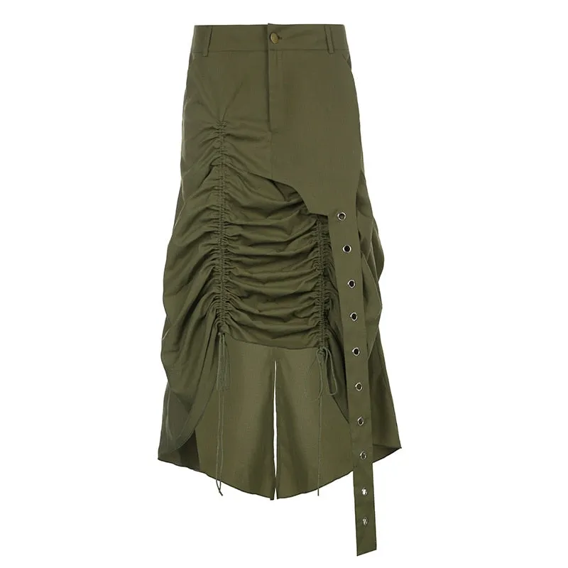Nukty y2k Ruched Skirt Women Solid Color Low Waist Tie Up Bandage Long Irregular Skirt 2000s Aesthetic Skirt Korean Fashion Streetwear