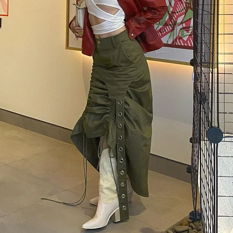 Nukty y2k Ruched Skirt Women Solid Color Low Waist Tie Up Bandage Long Irregular Skirt 2000s Aesthetic Skirt Korean Fashion Streetwear