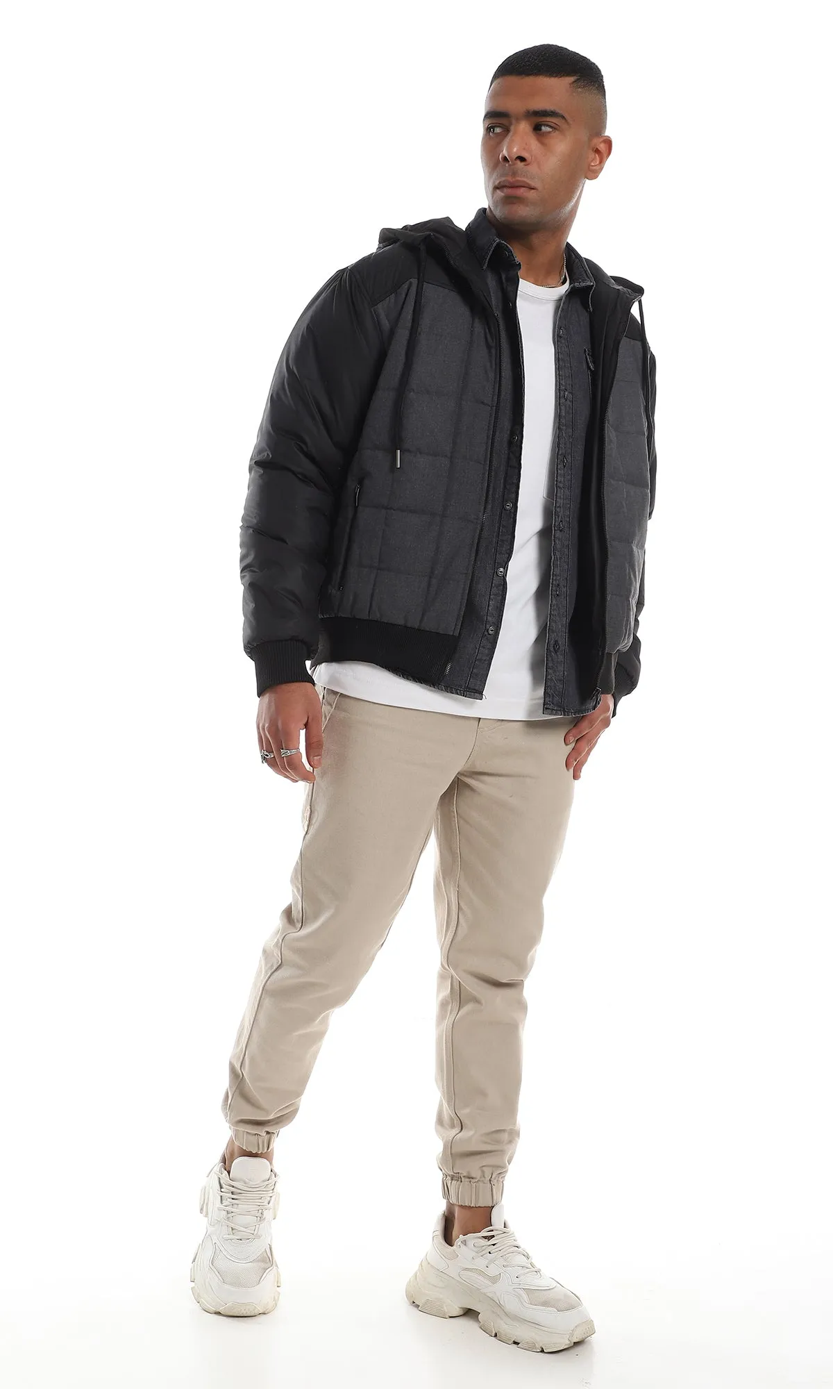 O161822 Bi-Tone Stitched Full Zipper Hooded Dark Grey & Black Jacket