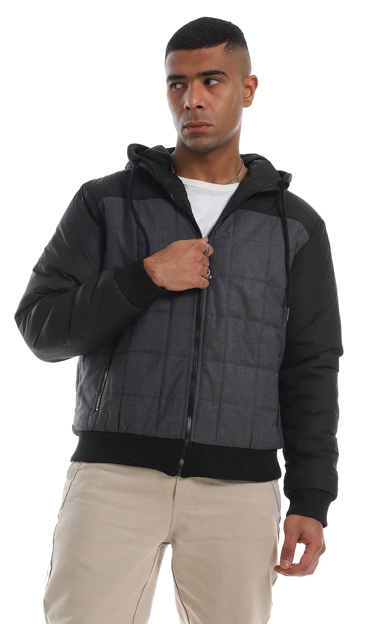 O161822 Bi-Tone Stitched Full Zipper Hooded Dark Grey & Black Jacket