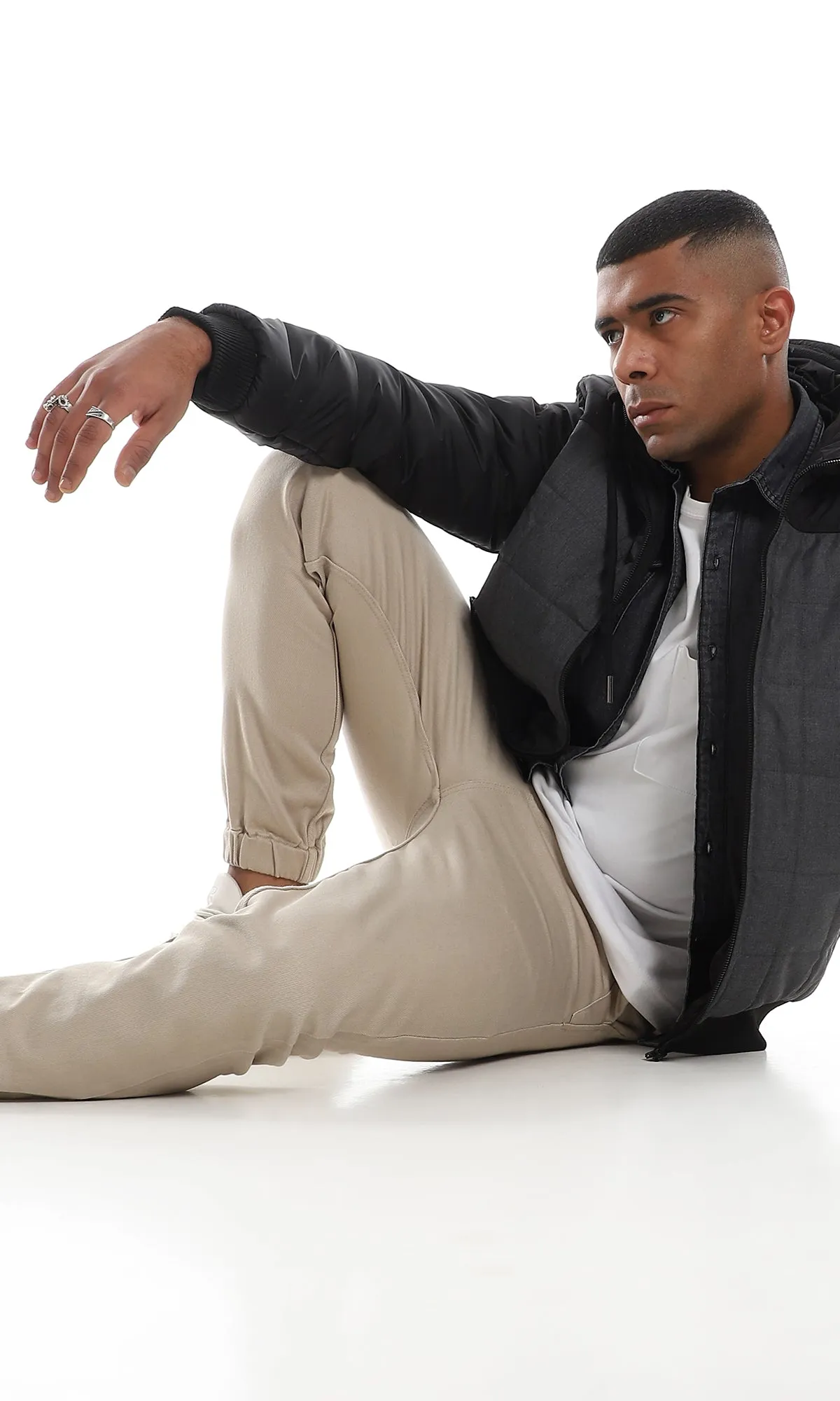 O161822 Bi-Tone Stitched Full Zipper Hooded Dark Grey & Black Jacket