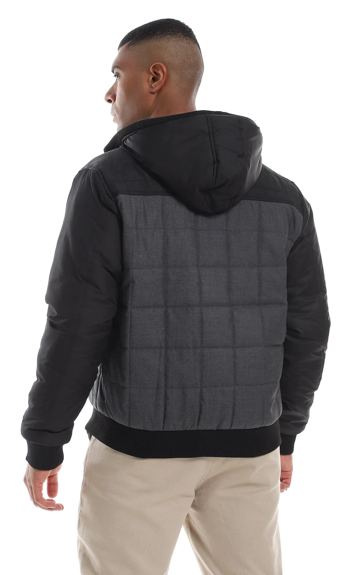 O161822 Bi-Tone Stitched Full Zipper Hooded Dark Grey & Black Jacket