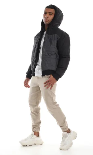 O161822 Bi-Tone Stitched Full Zipper Hooded Dark Grey & Black Jacket