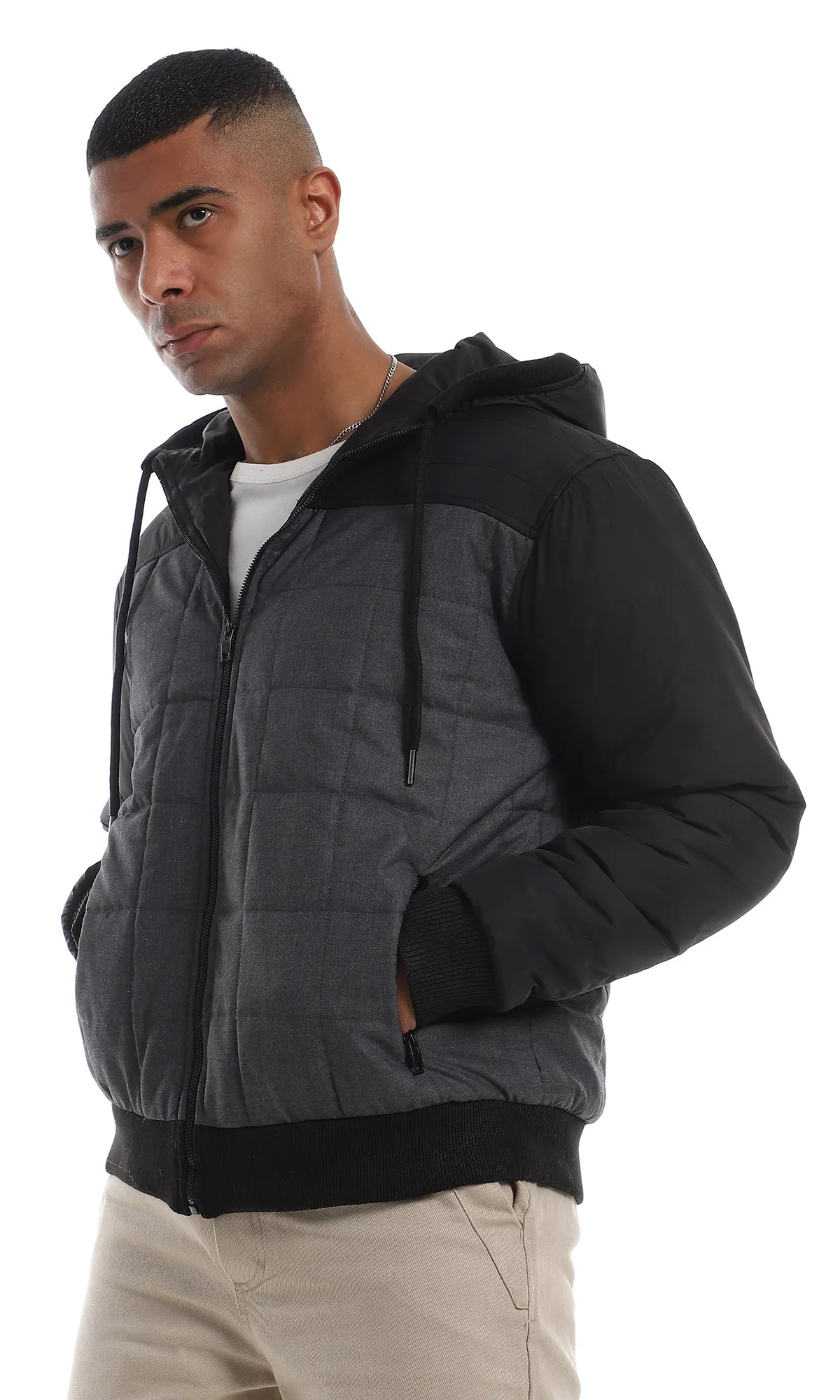 O161822 Bi-Tone Stitched Full Zipper Hooded Dark Grey & Black Jacket