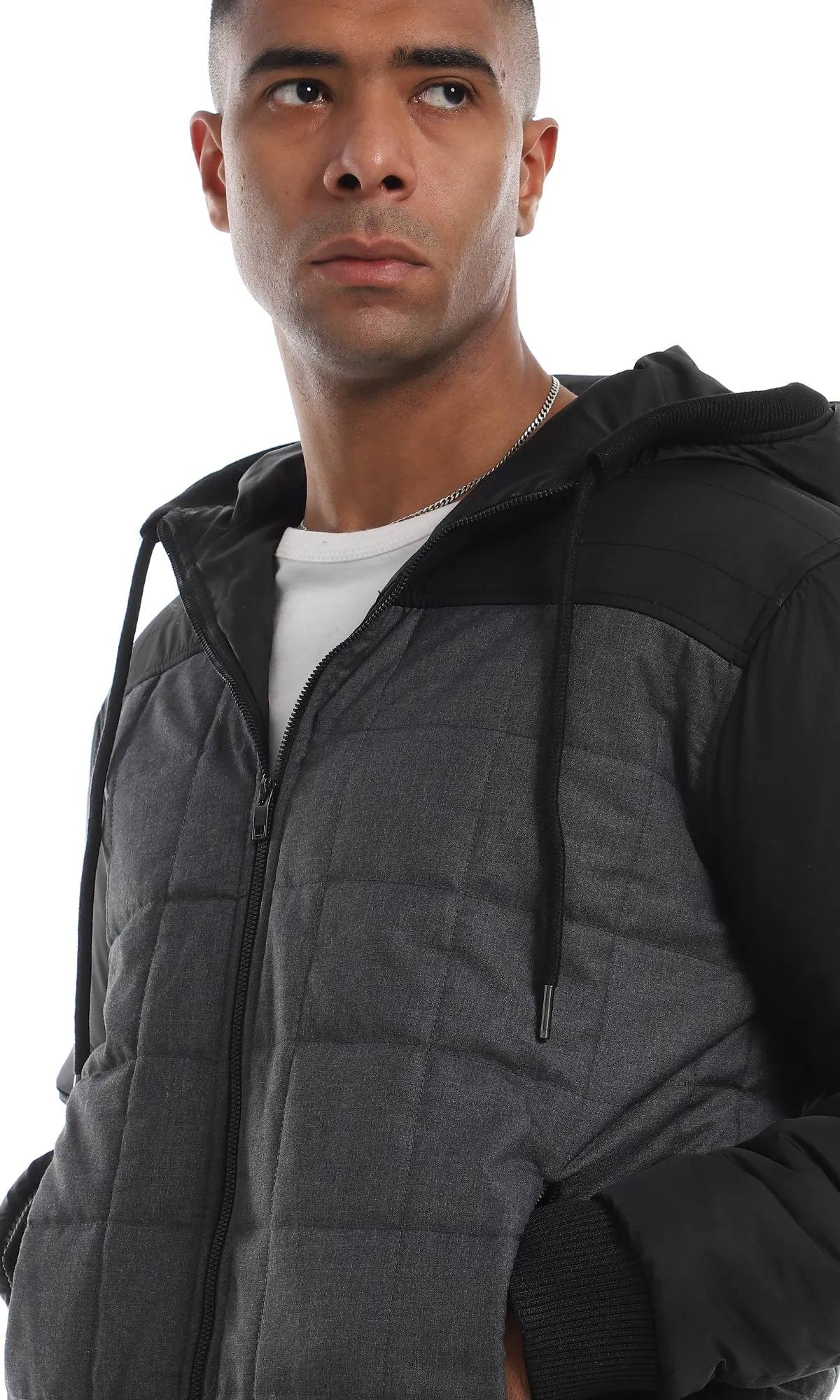 O161822 Bi-Tone Stitched Full Zipper Hooded Dark Grey & Black Jacket