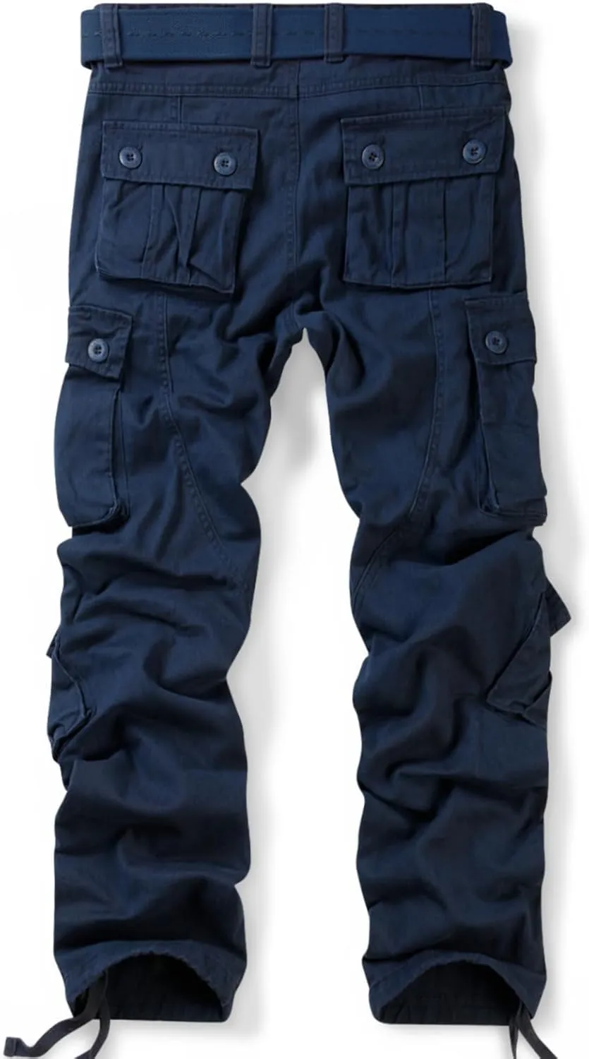 OCHENTA Men's Cotton Casual Cargo Work Pants Baggy Camo Tactical Combat Trousers with 8 Pockets (No Belt)