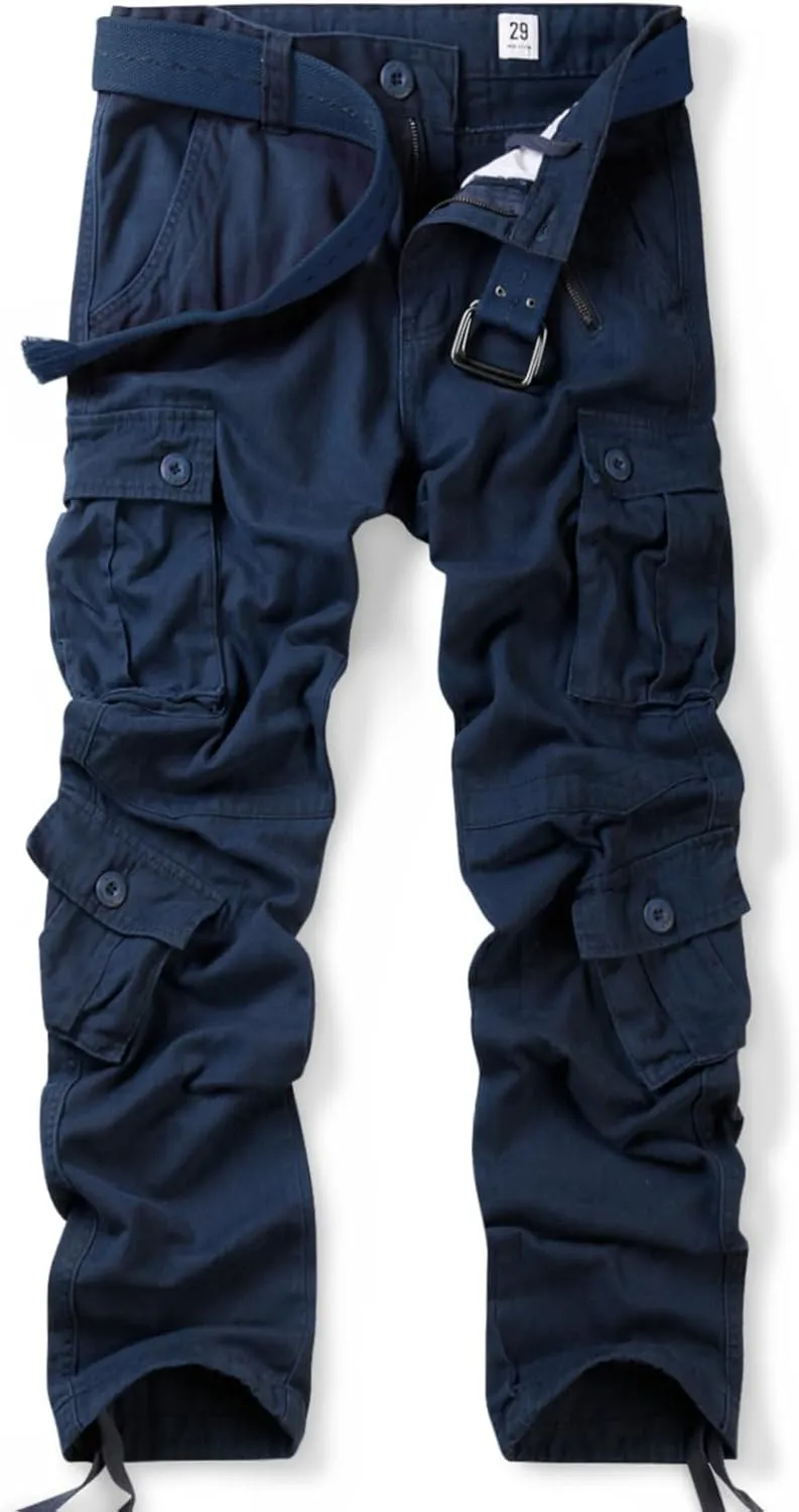 OCHENTA Men's Cotton Casual Cargo Work Pants Baggy Camo Tactical Combat Trousers with 8 Pockets (No Belt)