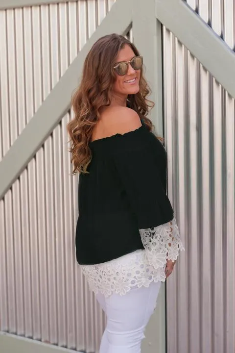 Off Shoulder Lace Splice Long Sleeve Tops Blouse