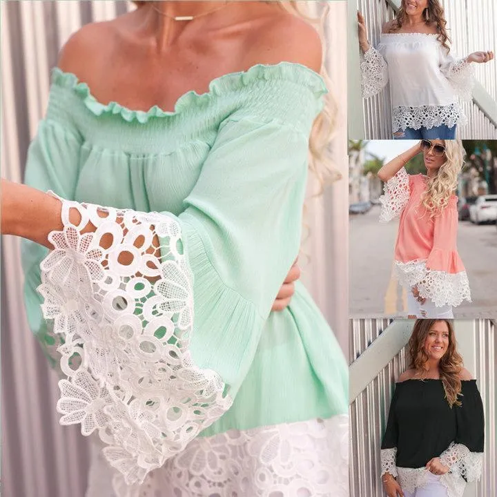 Off Shoulder Lace Splice Long Sleeve Tops Blouse