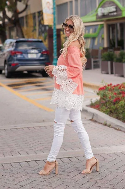 Off Shoulder Lace Splice Long Sleeve Tops Blouse