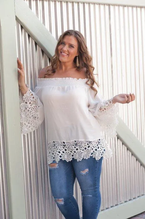 Off Shoulder Lace Splice Long Sleeve Tops Blouse