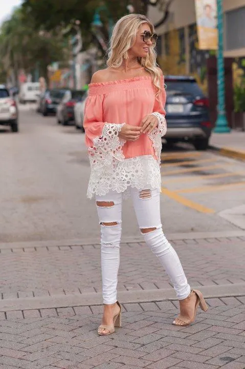 Off Shoulder Lace Splice Long Sleeve Tops Blouse