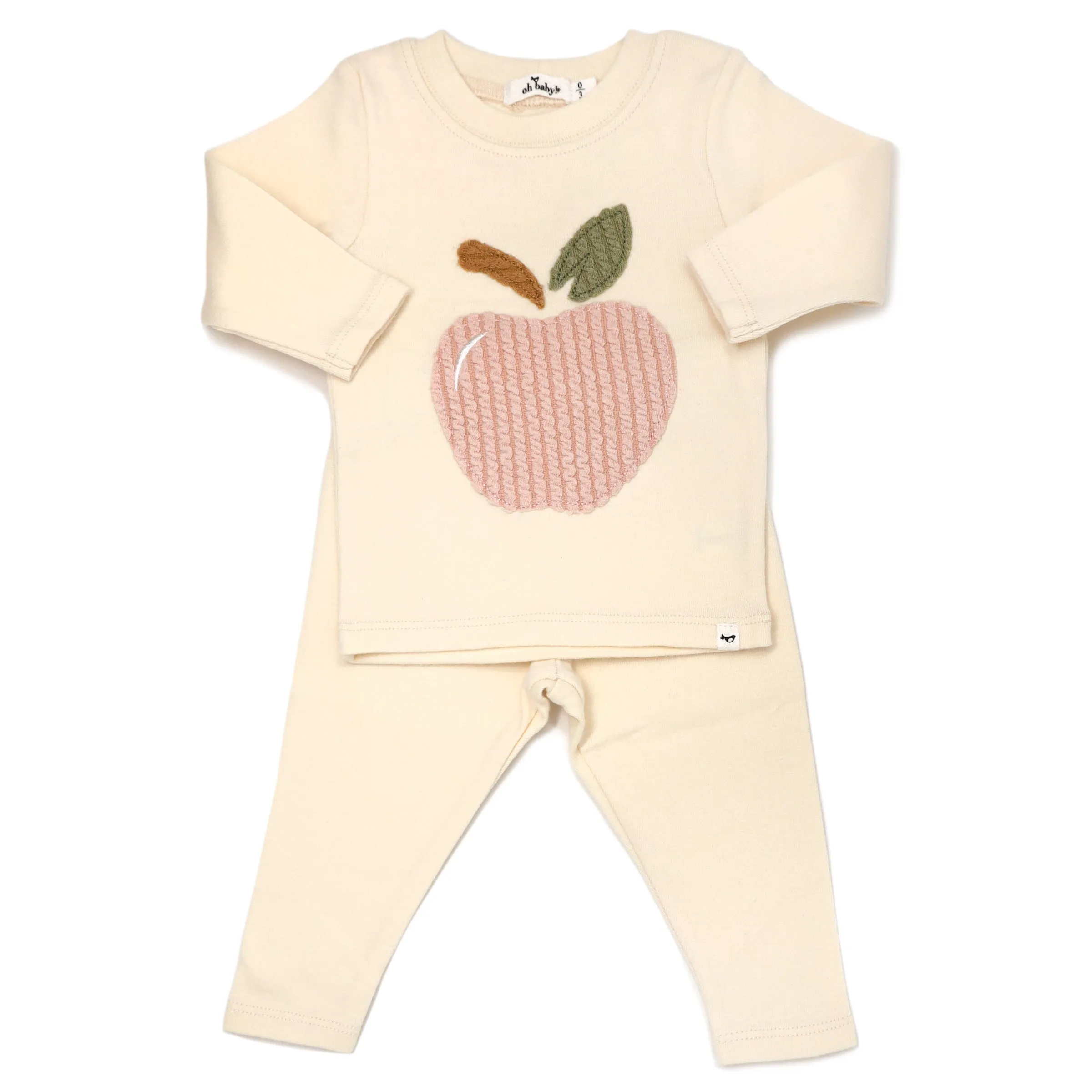 oh baby! Two Piece Set - Ribbed Pink Apple Applique - Vanilla