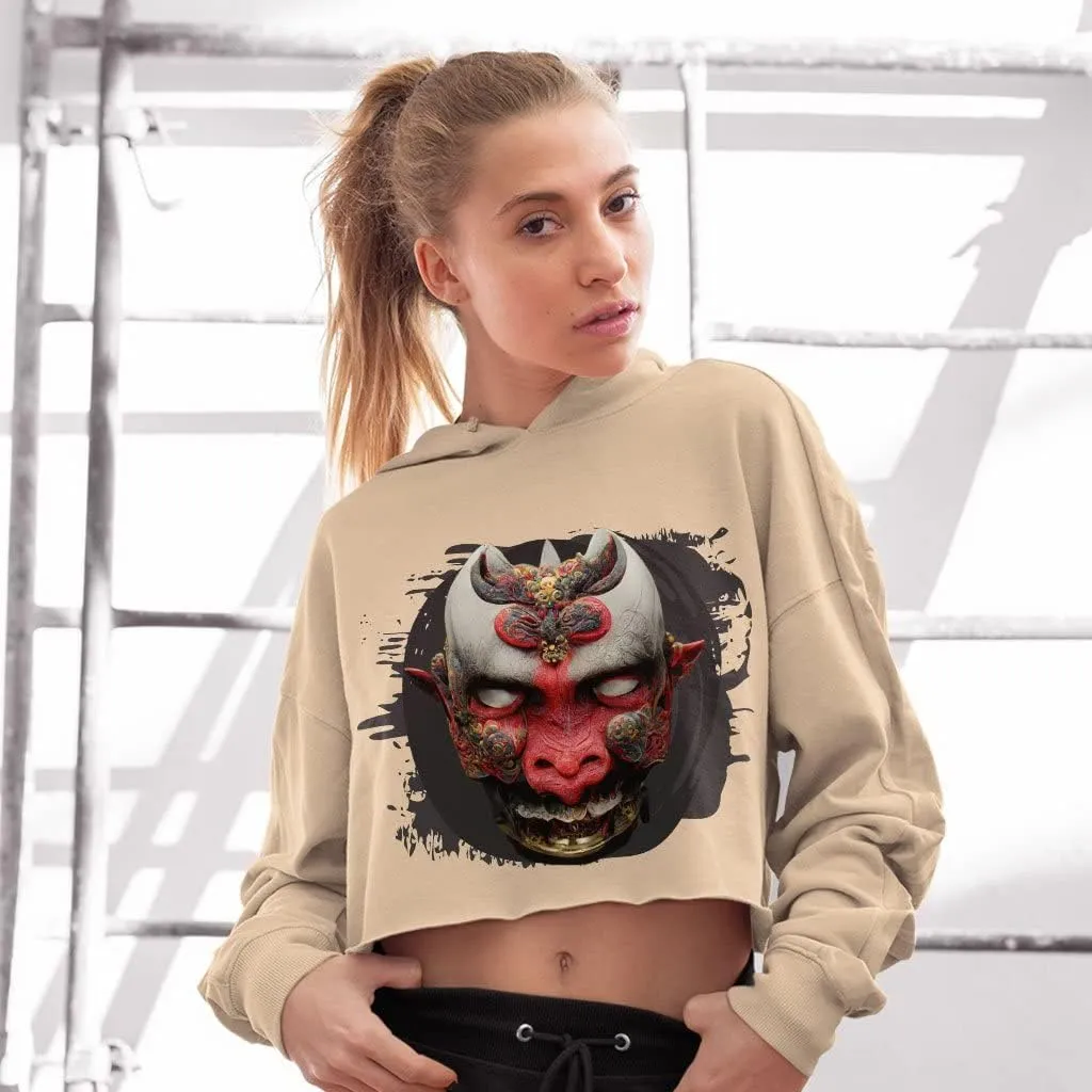 Oni Mask Women's Cropped Fleece Hoodie - Japanese Cropped Hoodie for Women - Demon Hooded Sweatshirt