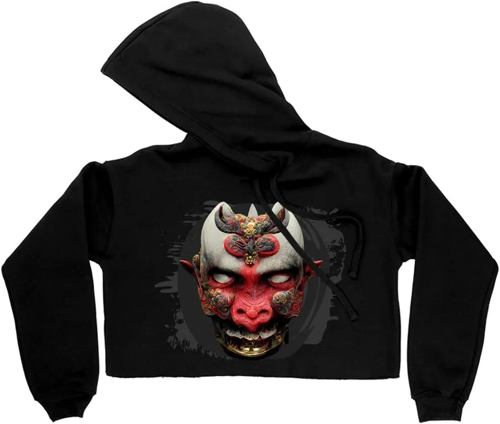Oni Mask Women's Cropped Fleece Hoodie - Japanese Cropped Hoodie for Women - Demon Hooded Sweatshirt