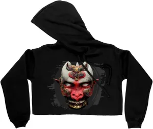 Oni Mask Women's Cropped Fleece Hoodie - Japanese Cropped Hoodie for Women - Demon Hooded Sweatshirt