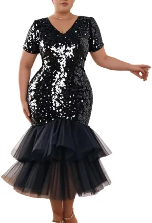 ONTINVA Women Plus Size Sequin Long Short Sleeves Evening Gown Party Long Maxi Dress Black Glitter Mesh Ruffled Mermaid