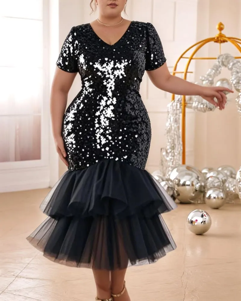 ONTINVA Women Plus Size Sequin Long Short Sleeves Evening Gown Party Long Maxi Dress Black Glitter Mesh Ruffled Mermaid