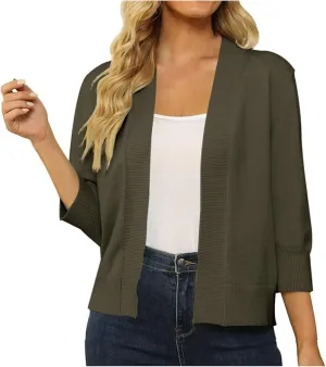 Open Front Bolero Cardigan for Women 3/4 Sleeve Knit Cropped Shrug Fall Comfy Lightweight Elegant Sweater Outwear