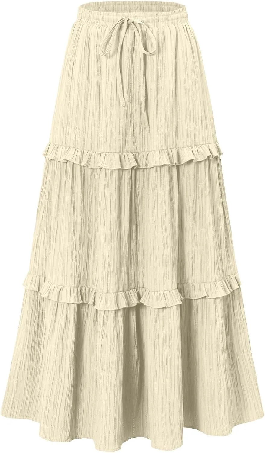 Oplxuo Maxi Skirts for Women High Waisted Elastic Drawstring Tiered Ruffle Maxi Skirt Solid Summer Vacation Casual Skirts
