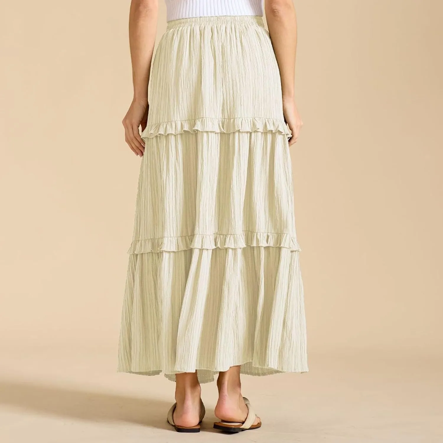 Oplxuo Maxi Skirts for Women High Waisted Elastic Drawstring Tiered Ruffle Maxi Skirt Solid Summer Vacation Casual Skirts