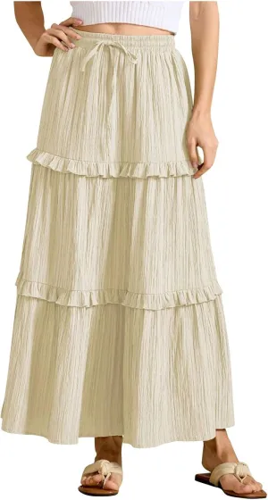 Oplxuo Maxi Skirts for Women High Waisted Elastic Drawstring Tiered Ruffle Maxi Skirt Solid Summer Vacation Casual Skirts