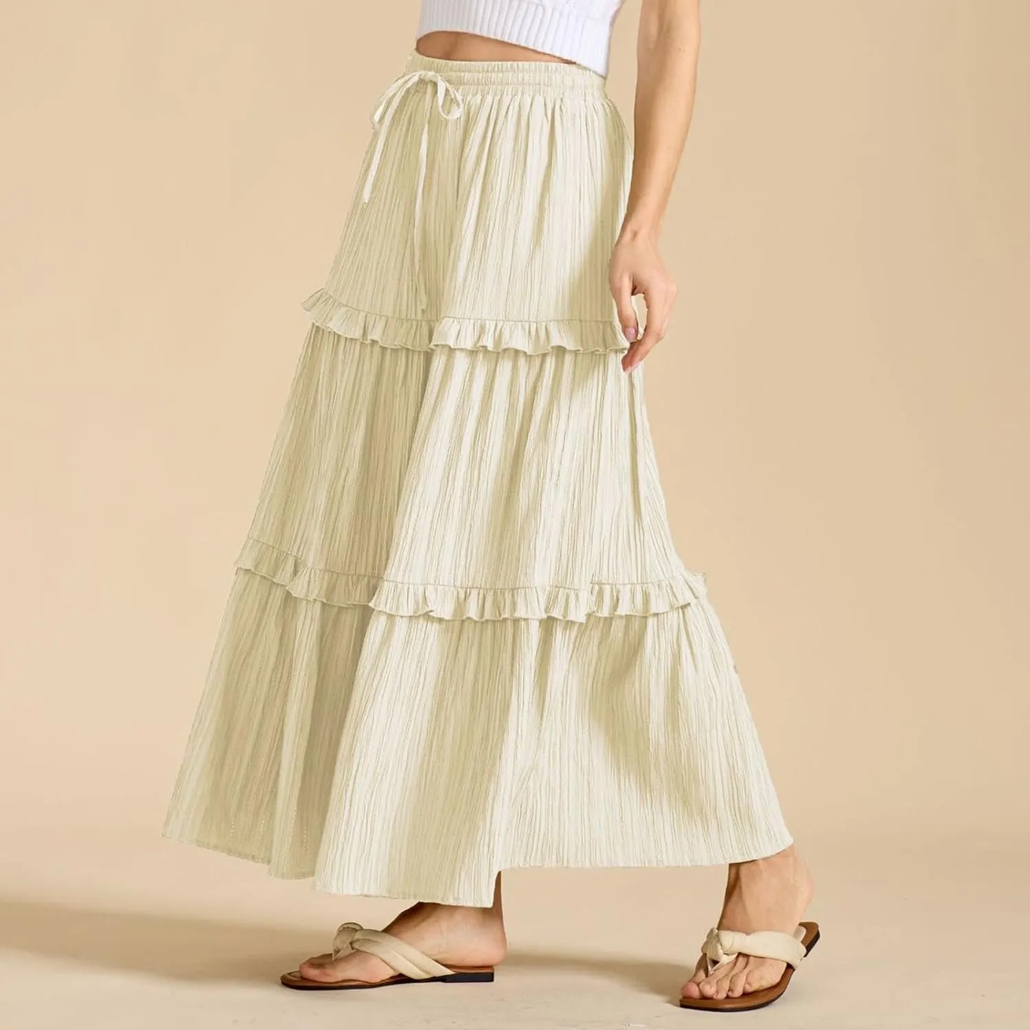 Oplxuo Maxi Skirts for Women High Waisted Elastic Drawstring Tiered Ruffle Maxi Skirt Solid Summer Vacation Casual Skirts