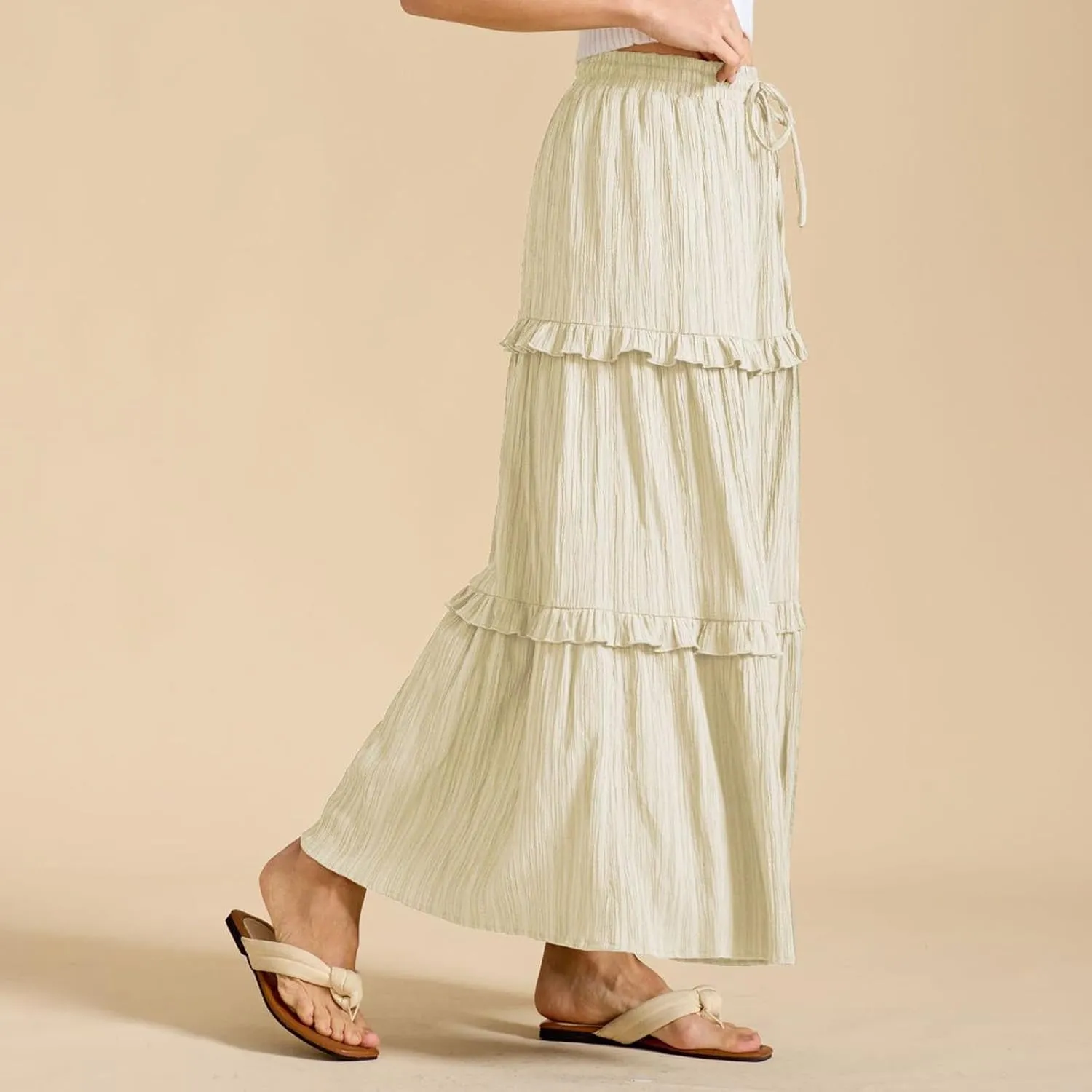 Oplxuo Maxi Skirts for Women High Waisted Elastic Drawstring Tiered Ruffle Maxi Skirt Solid Summer Vacation Casual Skirts