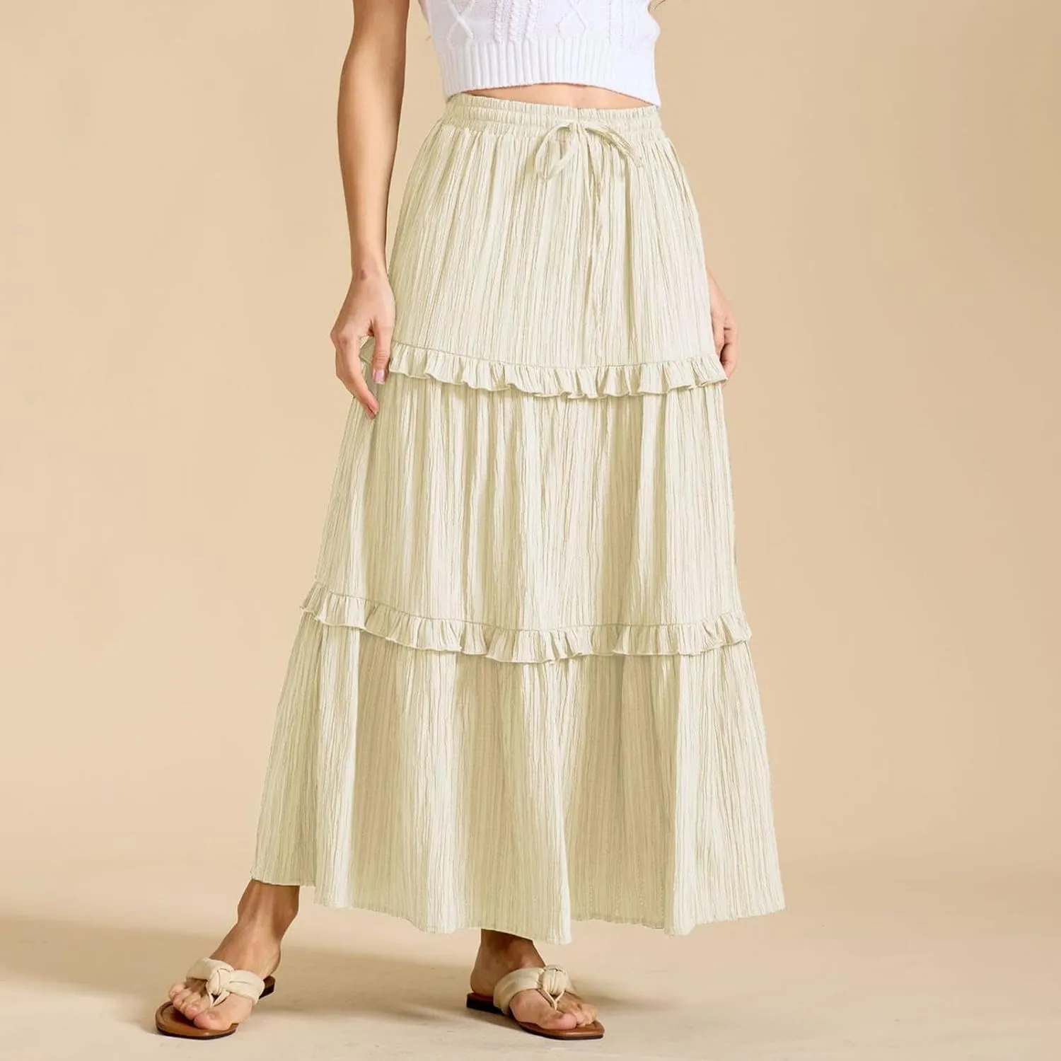 Oplxuo Maxi Skirts for Women High Waisted Elastic Drawstring Tiered Ruffle Maxi Skirt Solid Summer Vacation Casual Skirts