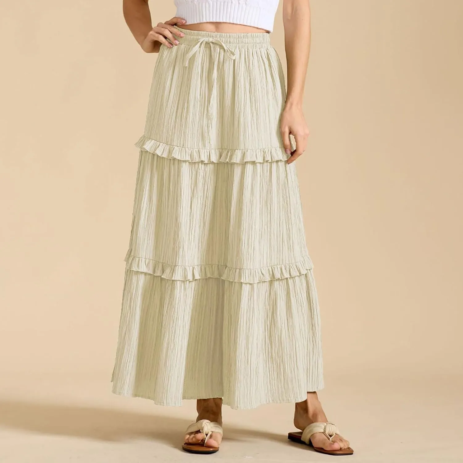 Oplxuo Maxi Skirts for Women High Waisted Elastic Drawstring Tiered Ruffle Maxi Skirt Solid Summer Vacation Casual Skirts