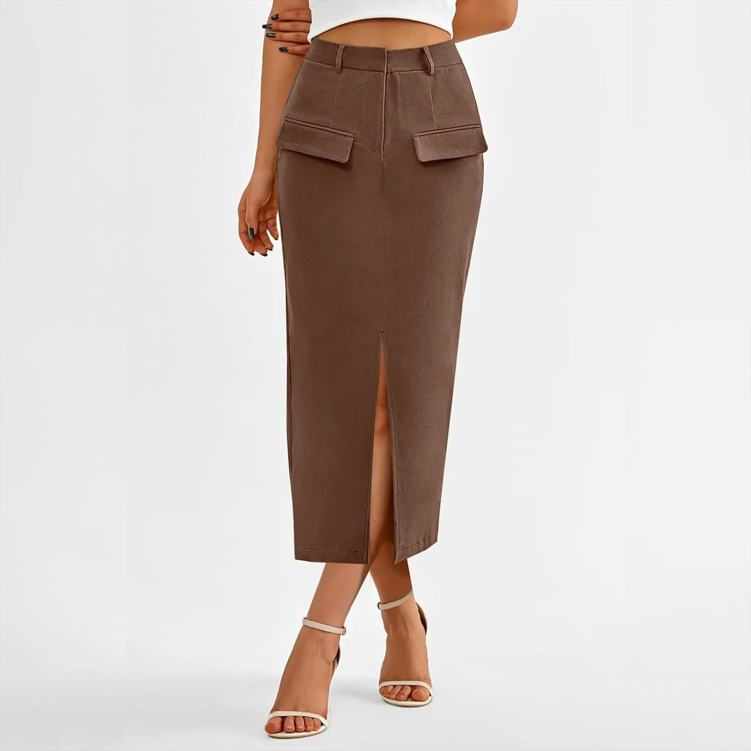 Oplxuo Women's Pencil Skirt Slit Front Cotton Business Casual Work Midi Skirts Ladies Elastic High Waist Bodycon Suit Skirts