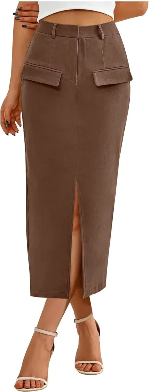 Oplxuo Women's Pencil Skirt Slit Front Cotton Business Casual Work Midi Skirts Ladies Elastic High Waist Bodycon Suit Skirts
