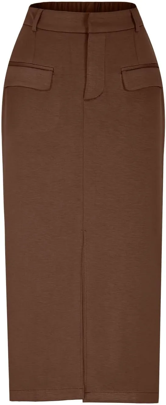 Oplxuo Women's Pencil Skirt Slit Front Cotton Business Casual Work Midi Skirts Ladies Elastic High Waist Bodycon Suit Skirts