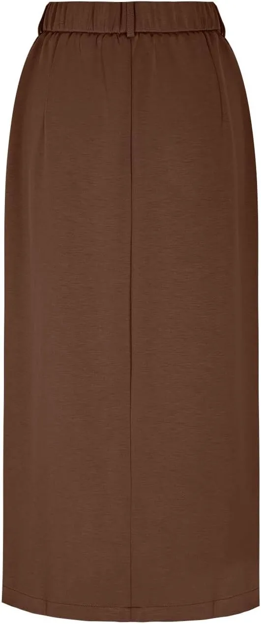 Oplxuo Women's Pencil Skirt Slit Front Cotton Business Casual Work Midi Skirts Ladies Elastic High Waist Bodycon Suit Skirts