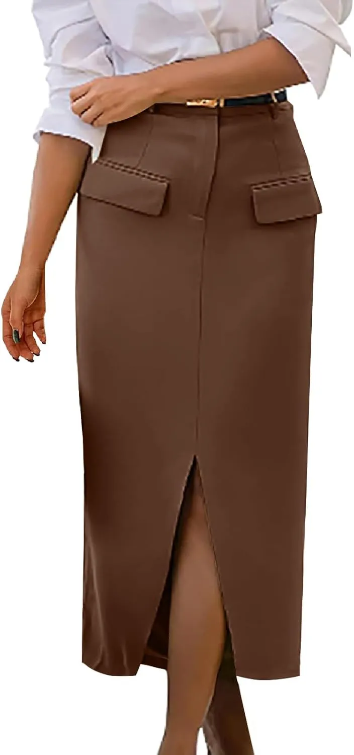 Oplxuo Women's Pencil Skirt Slit Front Cotton Business Casual Work Midi Skirts Ladies Elastic High Waist Bodycon Suit Skirts