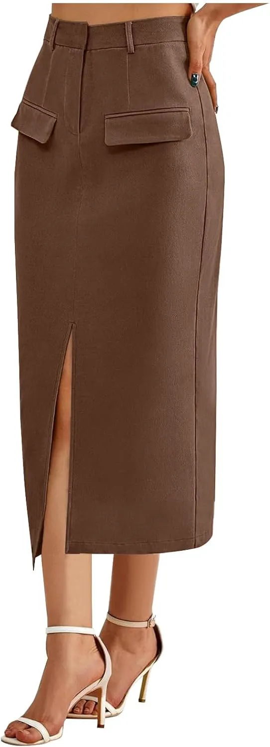 Oplxuo Women's Pencil Skirt Slit Front Cotton Business Casual Work Midi Skirts Ladies Elastic High Waist Bodycon Suit Skirts