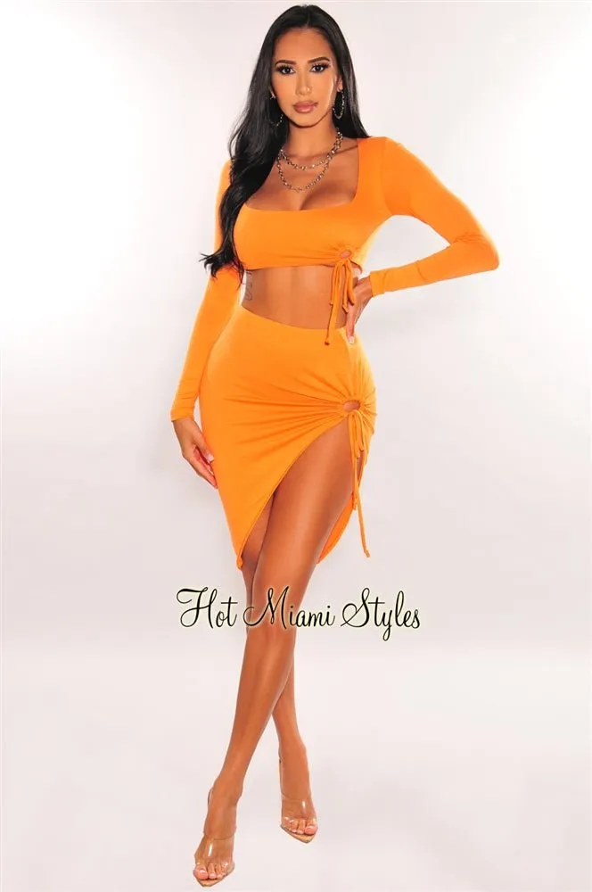 Orange Square Neck Long Sleeve O-Ring Slit Two Piece Set
