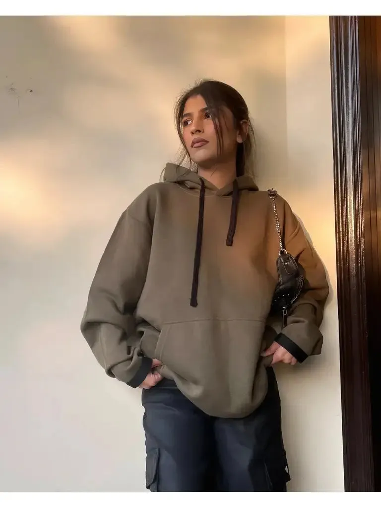 Oversized Contrast Drawstring Hoodie khaki