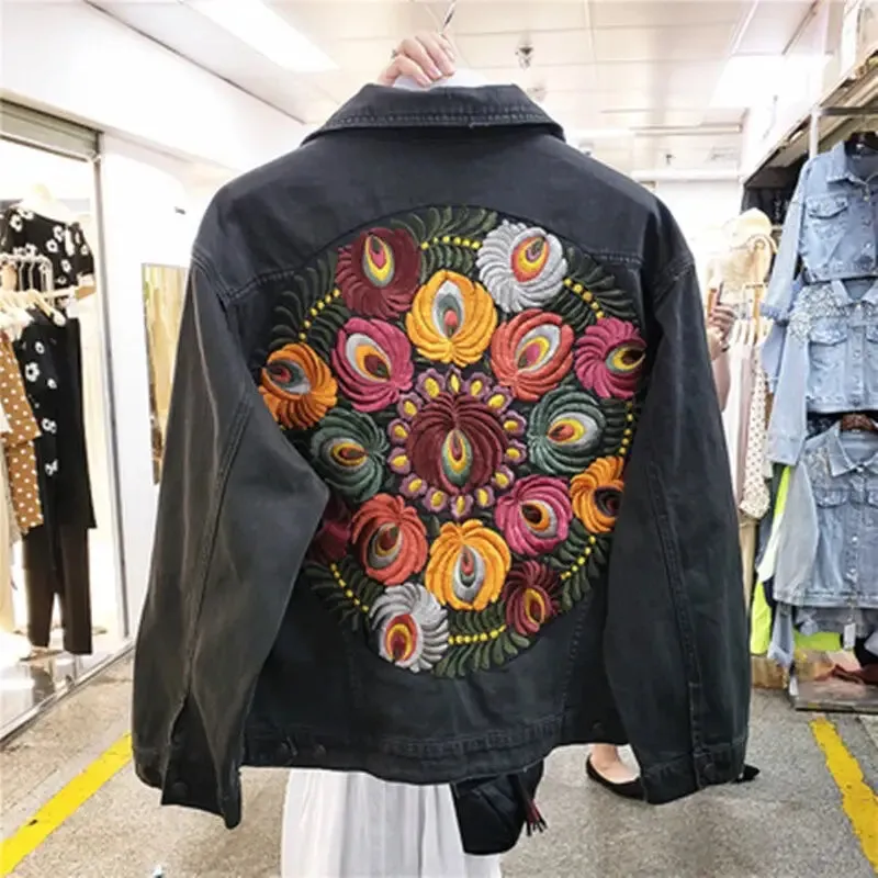 Oversized Floral Embroidered Denim Jacket