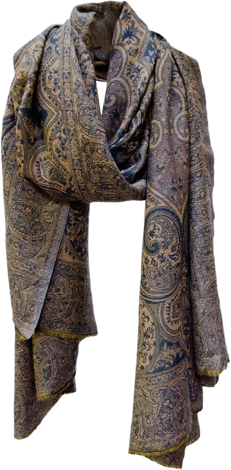 Oversized Paisley Border Wool Shawl Wrap Stole Scarf Throw Navy Blue Tan Beige