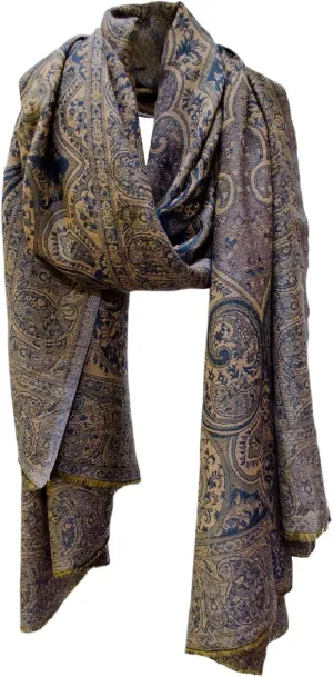 Oversized Paisley Border Wool Shawl Wrap Stole Scarf Throw Navy Blue Tan Beige