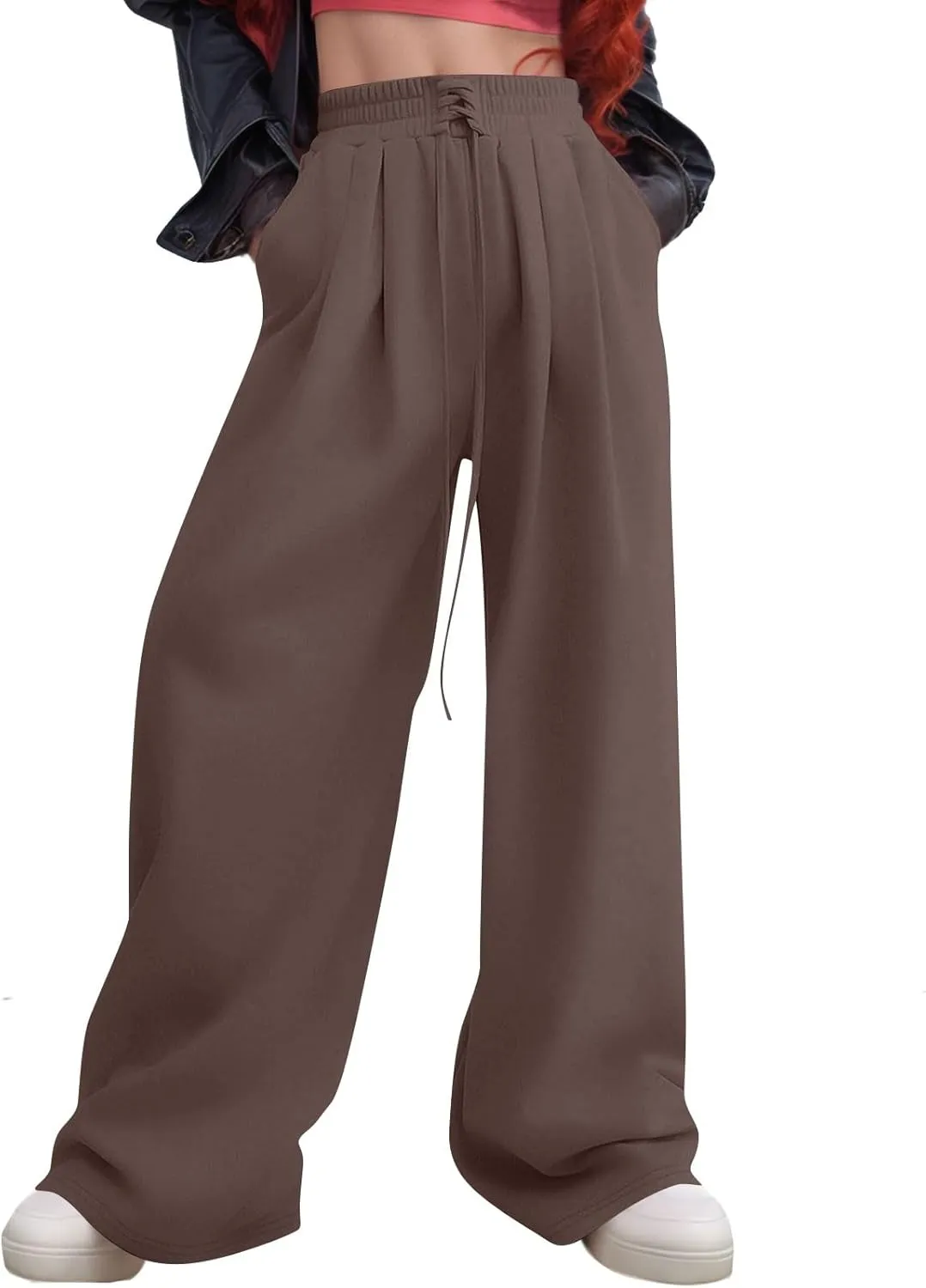 Oversized Wide Leg Sweatpants Women Y2k High Waisted Athletic Palazzo Pants Drawstring Fleece Joggers with Pockets