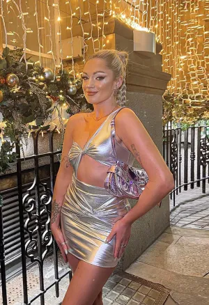 Pankh Beyren Women's Off Shoulder Shimmer Metallic Party Co-ord Dress