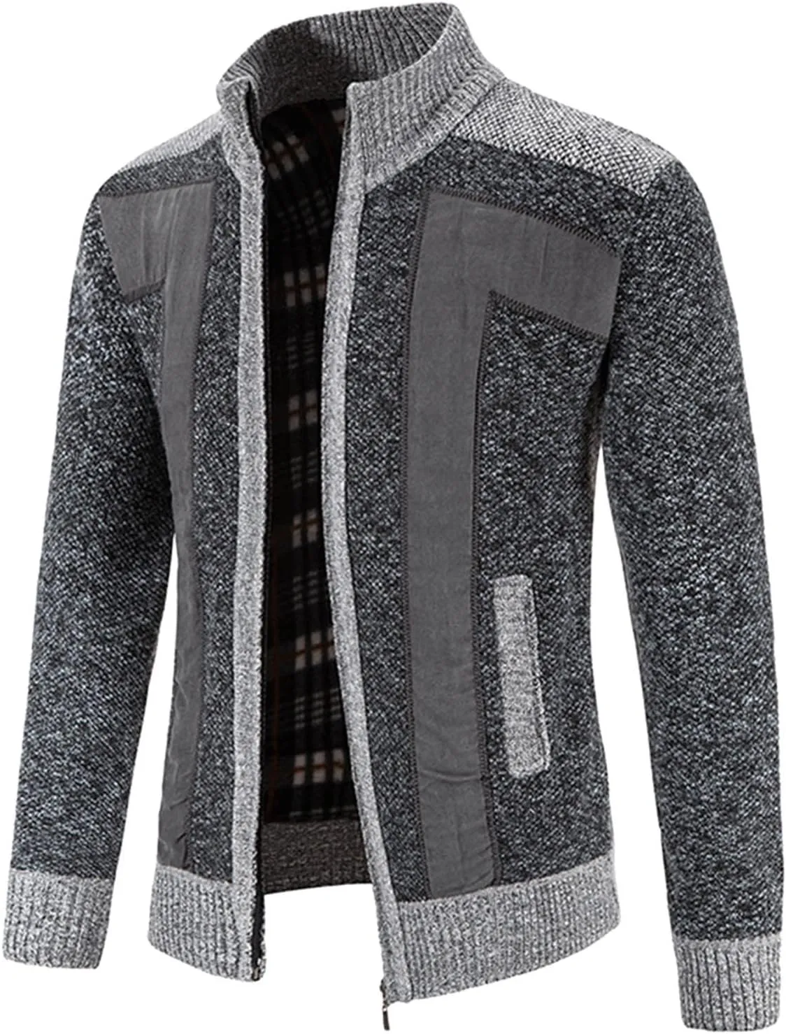 Patchwork Sweater Jackets for Men Full Zip Cardigan Jumpers Casual Stand Collar Jacket Knitted Patchwork Sweaters