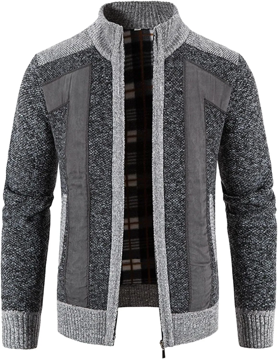 Patchwork Sweater Jackets for Men Full Zip Cardigan Jumpers Casual Stand Collar Jacket Knitted Patchwork Sweaters