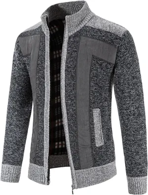 Patchwork Sweater Jackets for Men Full Zip Cardigan Jumpers Casual Stand Collar Jacket Knitted Patchwork Sweaters