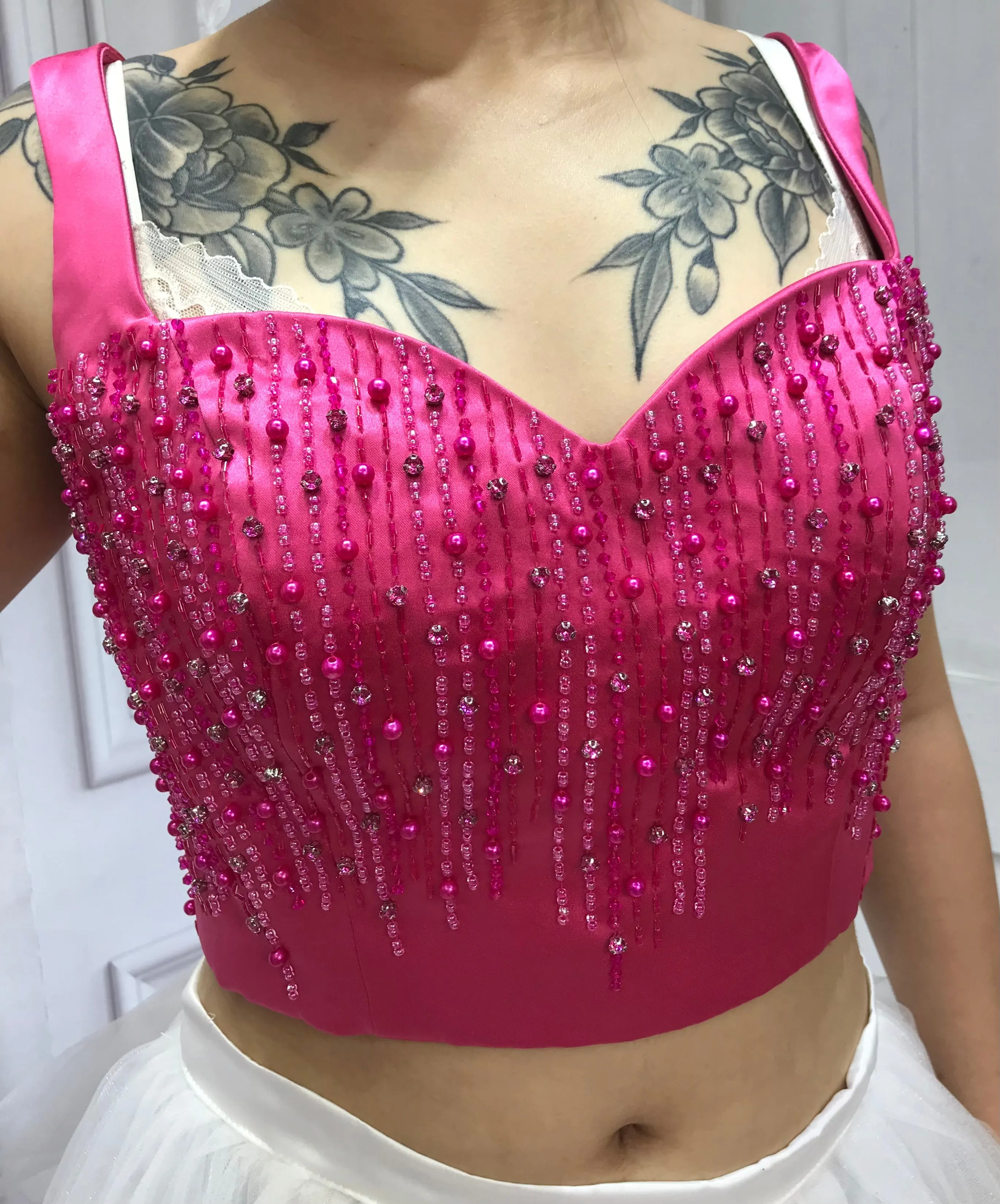Pearls crystals rhinestones beaded hot pink crop bustier top