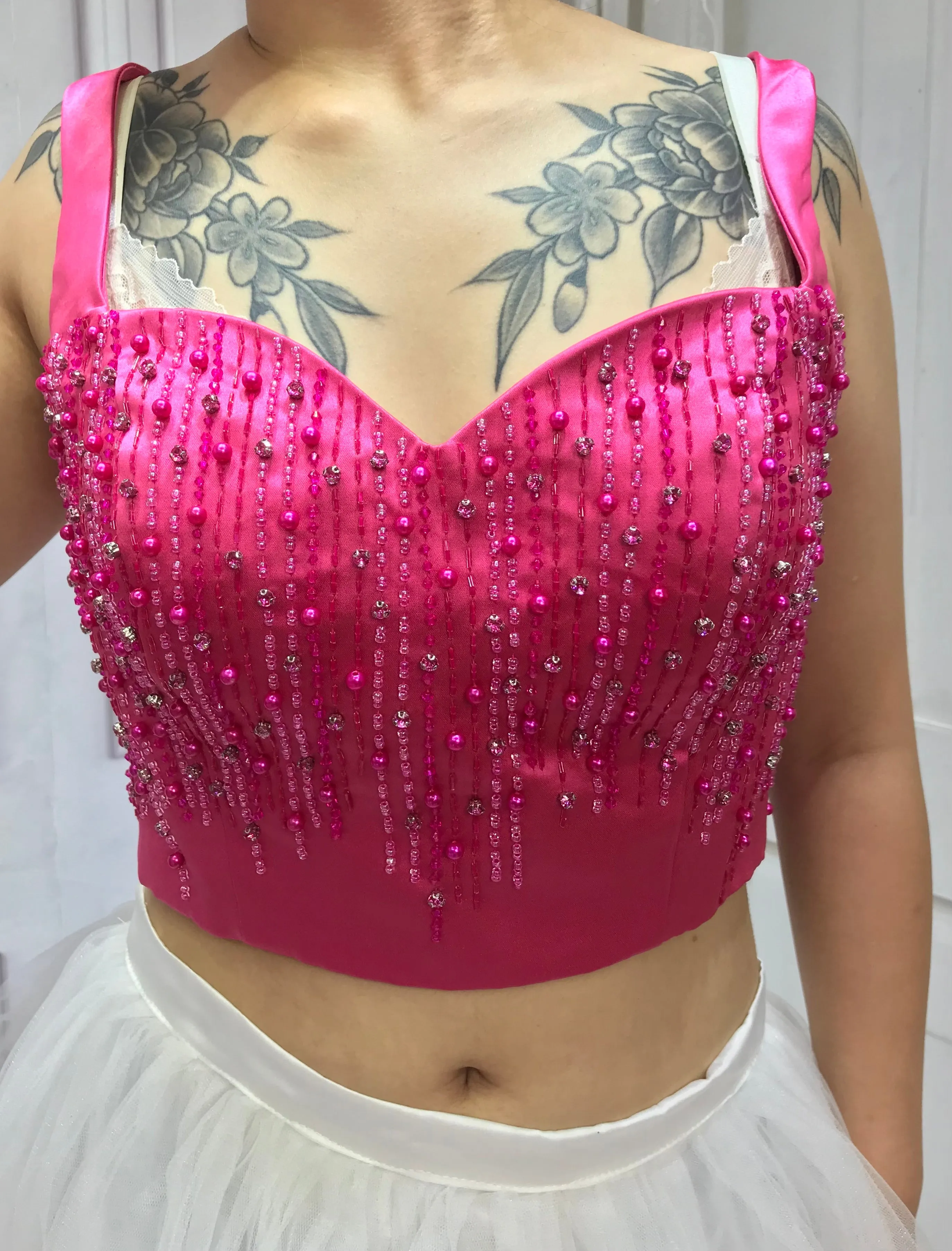 Pearls crystals rhinestones beaded hot pink crop bustier top