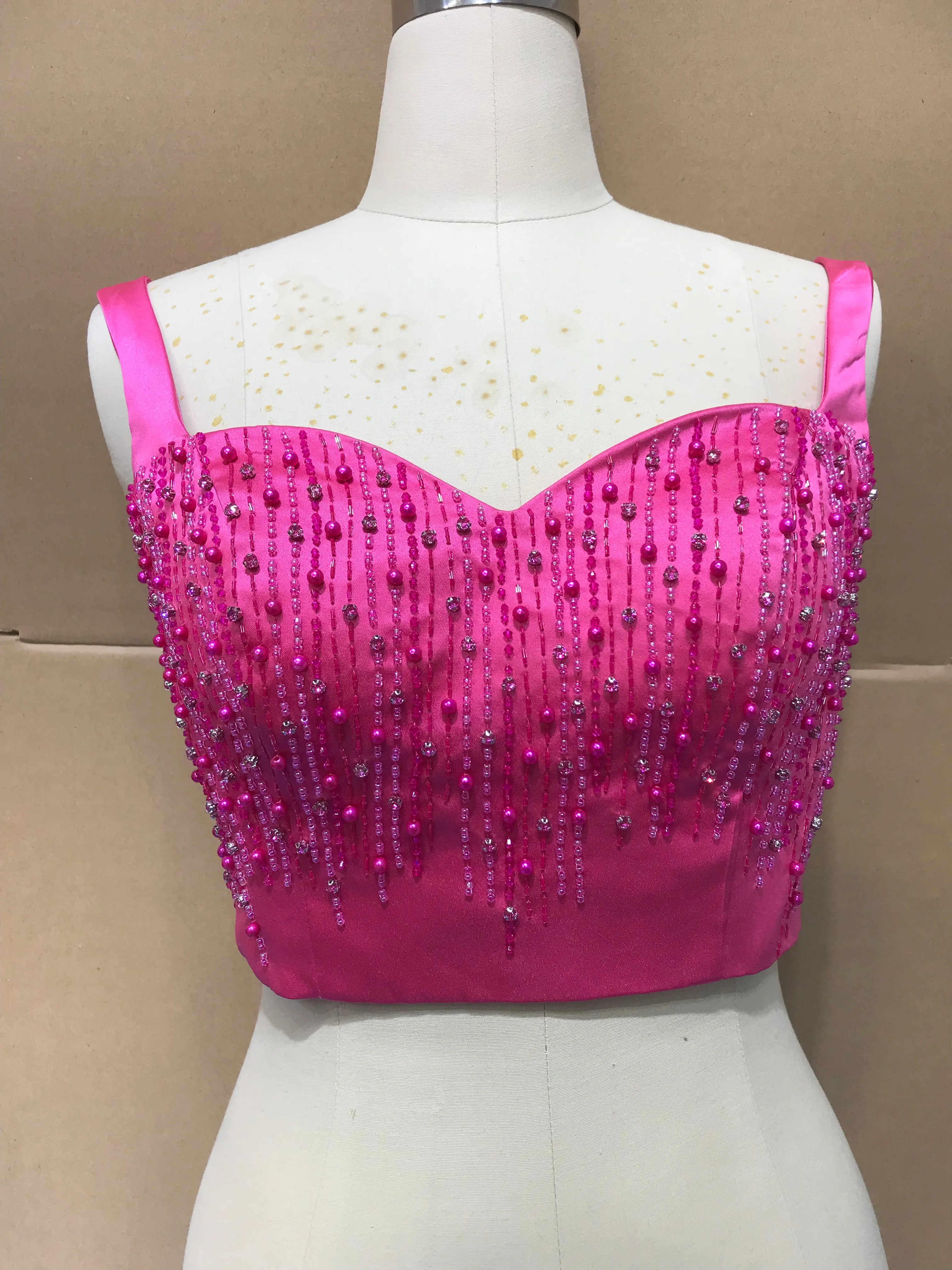 Pearls crystals rhinestones beaded hot pink crop bustier top
